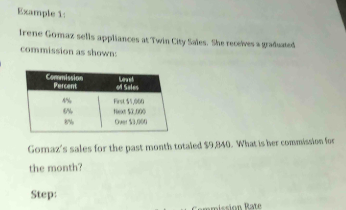 Example 1: 
Irene Gomaz sells appliances at Twin City Sales. She receives a graduated 
commission as shown: 
Gomaz's sales for the past month totaled $9,840. What is her commission for 
the month? 
Step: 
Cemmission Rate