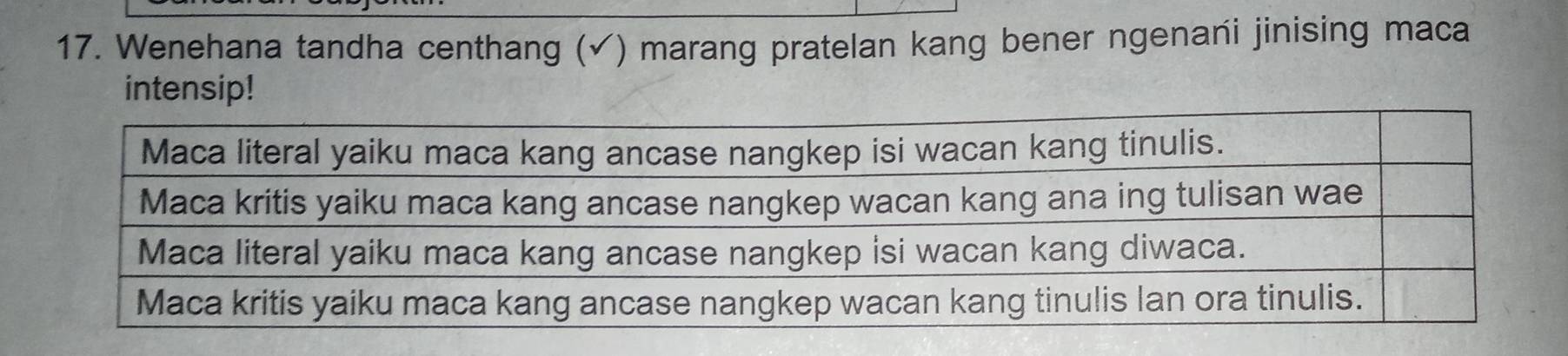 Wenehana tandha centhang (√) marang pratelan kang bener ngenani jinising maca 
intensip!