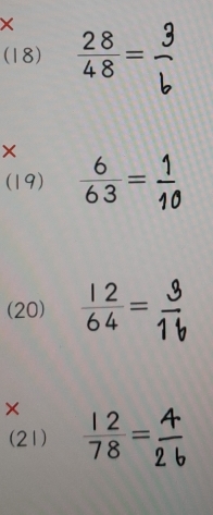 × 
(18)  28/48 =
× 
(19) - 
(20)  12/64 =
(21)  12/78 =