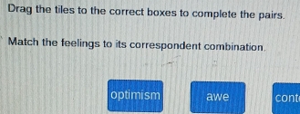 Drag the tiles to the correct boxes to complete the pairs.
Match the feelings to its correspondent combination.
optimism awe cont