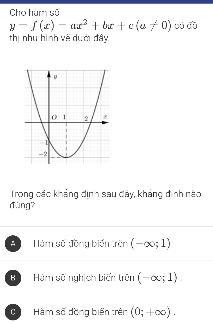 Cho hàm số
y=f(x)=ax^2+bx+c(a!= 0) có đồ
thị như hình vẽ dưới đây.
Trong các khẳng định sau đây, khẳng định nào
đúng?
A Hàm số đồng biến trên (-∈fty ;1)
B a Hàm số nghịch biến trên (-∈fty ;1).
C Hàm số đồng biến trên (0;+∈fty ).