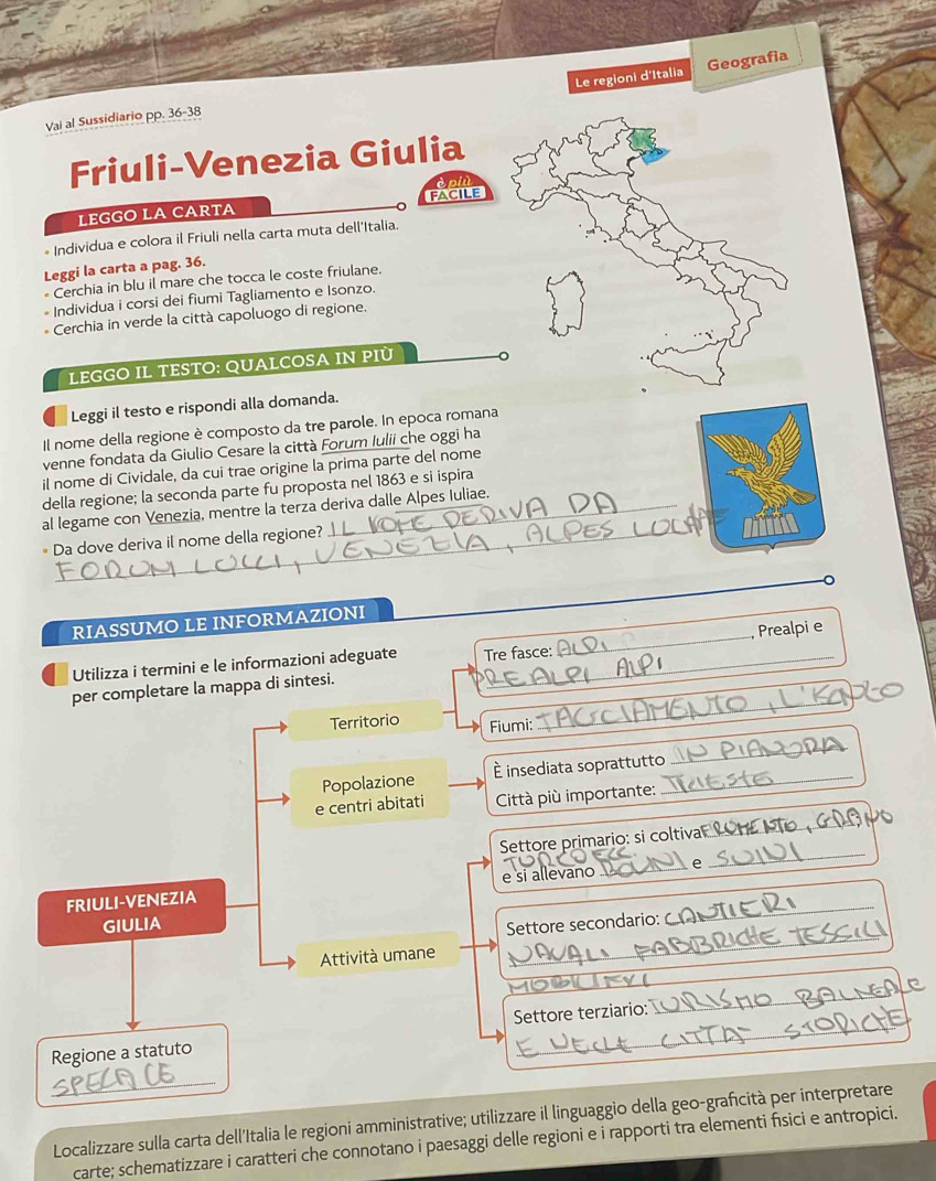 Le regioni d'Italia Geografia
Vai al Sussidiario pp. 36-38
Friuli-Venezia Giulia
è più
lεGGO LA CαrTα facile
* Individua e colora il Friuli nella carta muta dell'Italia.
Leggi la carta a pag. 36.
Cerchia in blu il mare che tocca le coste friulane.
* Individua i corsi dei fiumi Tagliamento e Isonzo.
Cerchia in verde la città capoluogo di regione.
LEGGO IL TESTO: QUALCOSA IN PIù
Leggi il testo e rispondi alla domanda.
Il nome della regione è composto da tre parole. In epoca romana
venne fondata da Giulio Cesare la città Forum Iulii che oggi ha
il nome di Cividale, da cui trae origine la prima parte del nome
della regione; la seconda parte fu proposta nel 1863 e si ispira
al legame con Venezia, mentre la terza deriva dalle Alpes Iuliae.
Da dove deriva il nome della regione?
RIASSUMO LE INFORMAZIONI
, Prealpi e
Utilizza i termini e le informazioni adeguate _Tre fasce:
_
per completare la mappa di sintesi.
Territorio Fiumi:
_
Popolazione È insediata soprattutto_
_
e centri abitati  Città più importante:
Settore primario: si coltivar 1
_
FRIULI-VENEZIA e si allevano_ e
_
_
GIULIA
Settore secondario: _
_
Attività umane
Regione a statuto Settore terziario:
_
_
Localizzare sulla carta dell'Italia le regioni amministrative; utilizzare il linguaggio della geo-graficità per interpretare
carte; schematizzare i caratteri che connotano i paesaggi delle regioni e i rapporti tra elementi fsici e antropici.