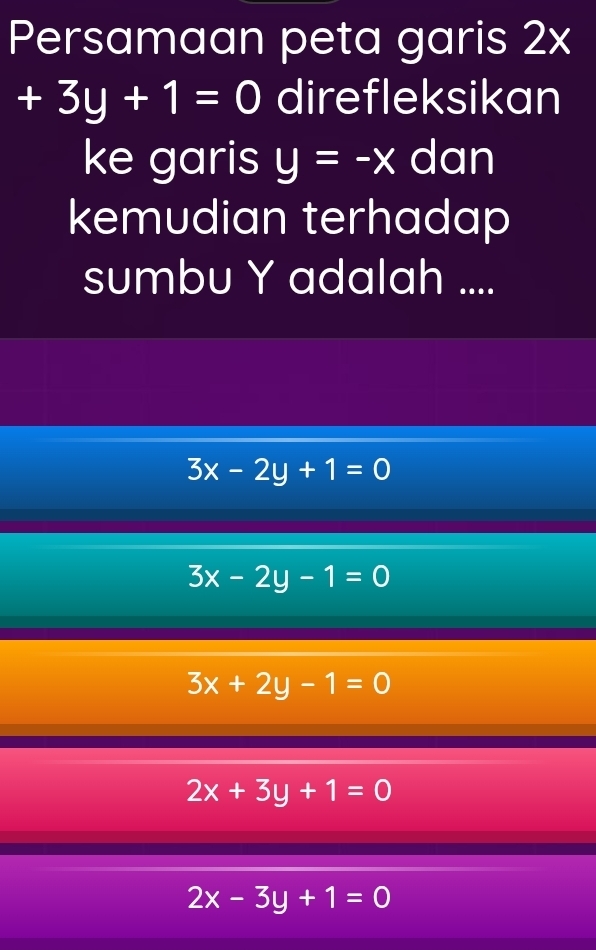 Persamaan peta garis 2x
+3y+1=0 direfleksikan
ke garis y=-x dan
kemudian terhadap
sumbu Y adalah ....
3x-2y+1=0
3x-2y-1=0
3x+2y-1=0
2x+3y+1=0
2x-3y+1=0