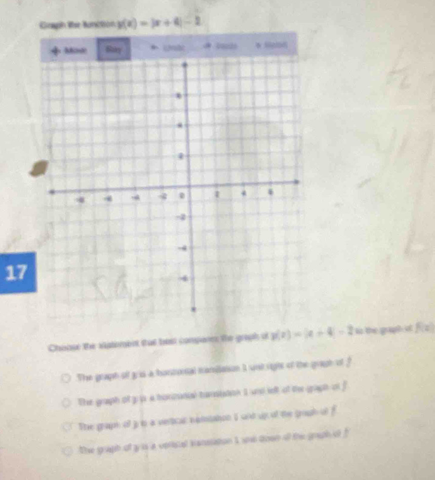 Graph lhe function g(x)=|x+4|-2

17
Choose the siatement tut bes compares the graph of g(x)=|x+4|-2 is the graph of f(x)
The graph of g is a hontronal mamiation It wnst right of the gragh of
The graph of 3js a bonzunial tansiation I une left of the graph of f
The grapn of g i a verticar namiation I and up ot the gouh of f
The graph of y is a verical ianssation i ae doen of the grath of ?