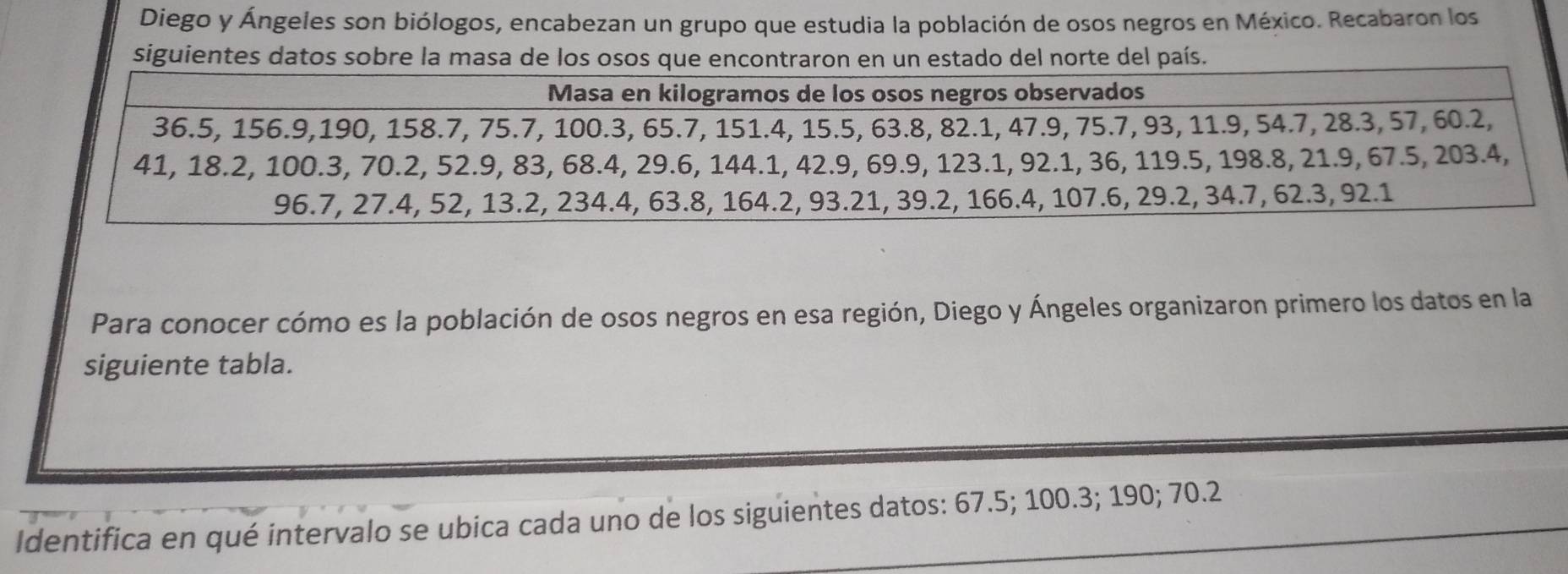 Diego y Ángeles son biólogos, encabezan un grupo que estudia la población de osos negros en México. Recabaron los 
siguientes datos sobre la masa de los osos que encontraron en un estado del norte del país. 
Para conocer cómo es la población de osos negros en esa región, Diego y Ángeles organizaron primero los datos en la 
siguiente tabla. 
Identifica en qué intervalo se ubica cada uno de los siguientes datos: 67.5; 100.3; 190; 70.2