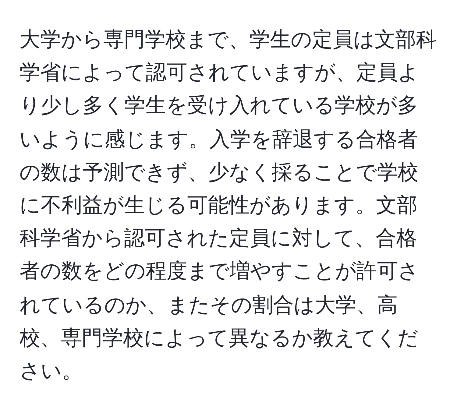 大学から専門学校まで、学生の定員は文部科学省によって認可されていますが、定員より少し多く学生を受け入れている学校が多いように感じます。入学を辞退する合格者の数は予測できず、少なく採ることで学校に不利益が生じる可能性があります。文部科学省から認可された定員に対して、合格者の数をどの程度まで増やすことが許可されているのか、またその割合は大学、高校、専門学校によって異なるか教えてください。