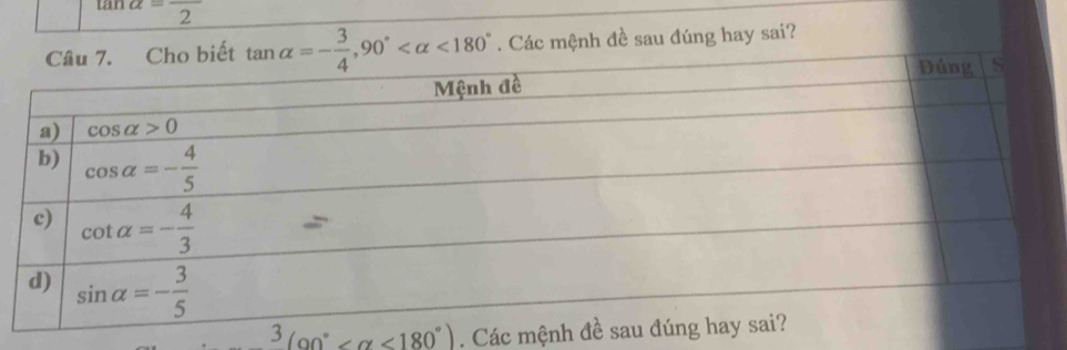 tan alpha =frac 2
tan alpha =- 3/4 ,90° <180°. Các mệnh đề sau đúng hay sai?
3(90° <180°). Các m