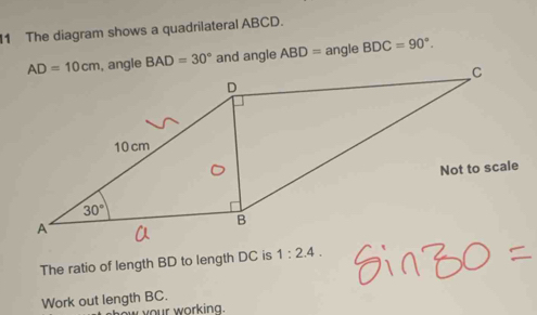 Solved: The diagram shows a quadrilateral ABCD. BAD=30° and angle ABD ...