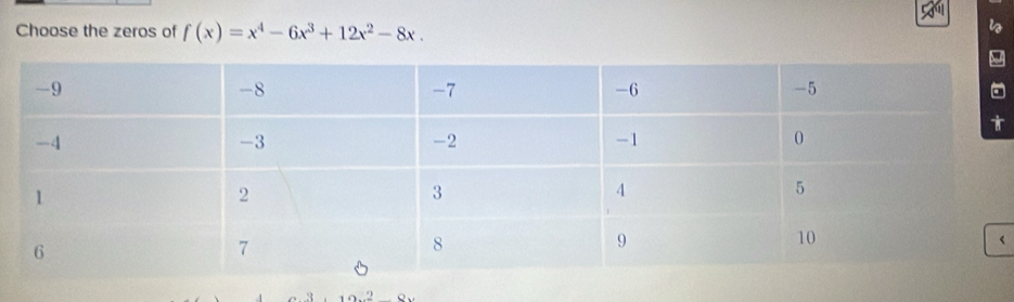 Choose the zeros of f(x)=x^4-6x^3+12x^2-8x. 
< 
<tex>102