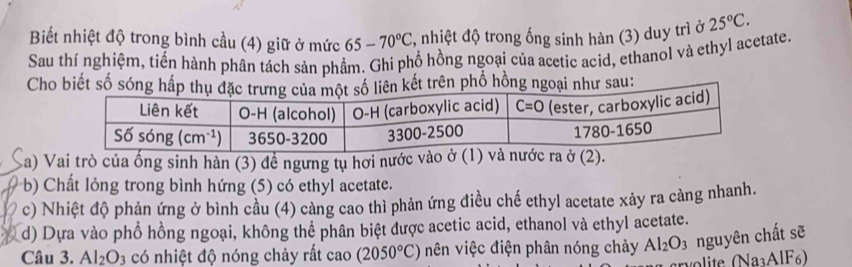 Biết nhiệt độ trong bình cầu (4) giữ ở mức 65-70°C , nhiệt độ trong ống sinh hàn (3) duy trì ở 25°C.
Sau thí nghiệm, tiến hành phân tách sản phầm. Ghi phổ hồng ngoại của acetic acid, ethanol và ethyl acetate.
Cho biết sốt trên phổ hồng ngoại như sau:
La) Vai trò của ống sinh hàn (3) đề ngưng tụ hơi nước vào ởra ở (2).
b) Chất lỏng trong bình hứng (5) có ethyl acetate.
c) Nhiệt độ phản ứng ở bình cầu (4) cảng cao thì phản ứng điều chế ethyl acetate xảy ra cảng nhanh.
d) Dựa vào phổ hồng ngoại, không thể phân biệt được acetic acid, ethanol và ethyl acetate.
Câu 3. Al_2O_3 có nhiệt độ nóng chảy rất cao (2050°C) nên việc điện phân nóng chảy Al_2O 3 nguyên chất sẽ
(Na_3AlF_6)