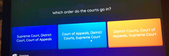 Which order do the courts go in?
Supreme Court, District Court of Appeals, District District Courts, Court of
Court, Court of Appeals Courts, Supreme Court Appeals, Supreme Court
amina