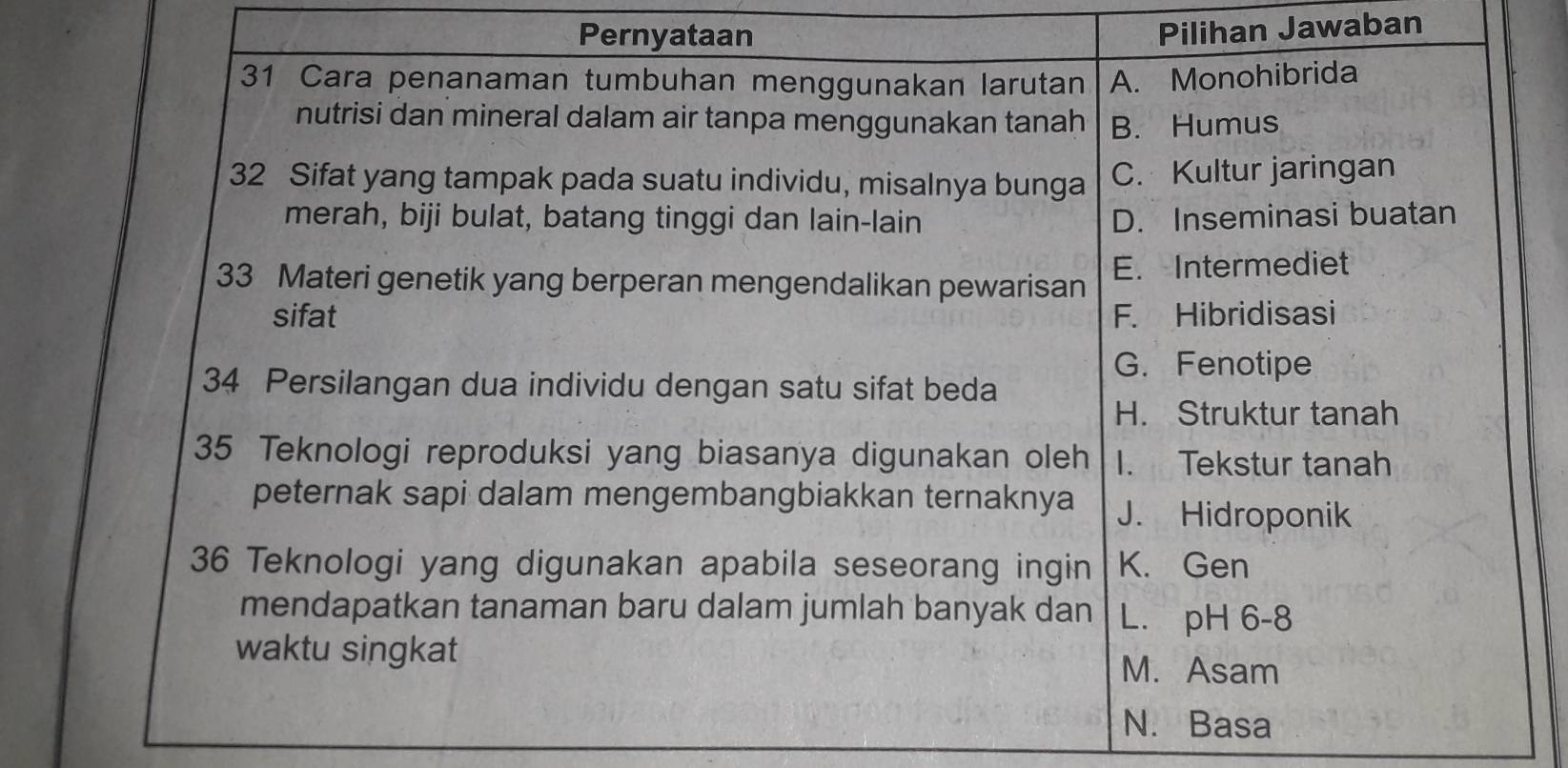 Pernyataan 
Pilihan Jawaban