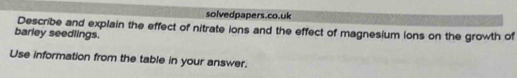 solvedpapers.co.uk 
Describe and explain the effect of nitrate ions and the effect of magnesium ions on the growth of 
barley seedlings. 
Use information from the table in your answer.