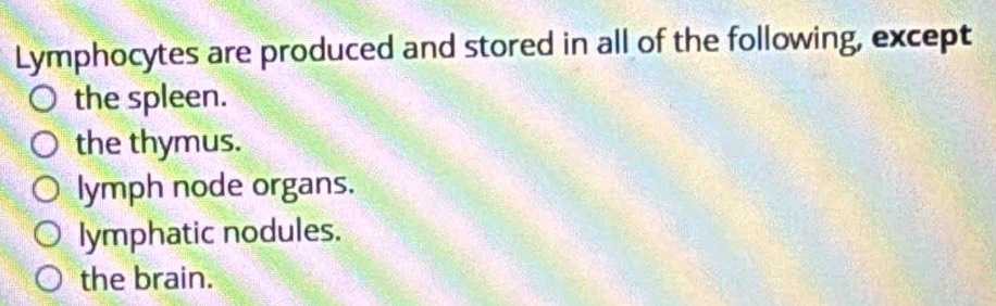 Lymphocytes are produced and stored in all of the following, except
the spleen.
the thymus.
lymph node organs.
lymphatic nodules.
the brain.
