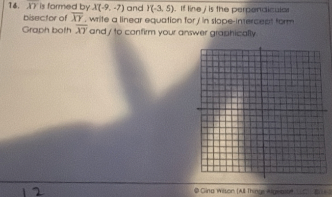 overline XY is formed by X(-9,-7) and Y(-3,5). If line j is the perpendicular 
bisector of overline XY , write a linear equation for / in slope-intercept form 
Graph both overline XY and / to confirm your answer graphically. 
Gina Wilson (All Thinge Algeasoe C B e