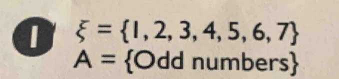 xi = 1,2,3,4,5,6,7
A= Odd numbers