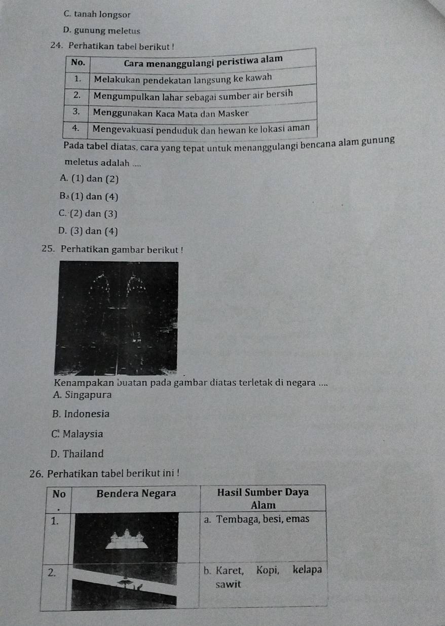 C. tanah longsor
D. gunung meletus
24. Perhatikan tabel berikut !
Pada tabel diatas, cara yang tepat untuk menanggulangi bencanalam gunung
meletus adalah ....
A. (1) dan (2)
B. (1) dan (4)
C. (2) dan (3)
D. (3) dan (4)
25. Perhatikan gambar berikut !
Kenampakan buatan pada gambar diatas terletak di negara ....
A. Singapura
B. Indonesia
C Malaysia
D. Thailand
26. Perhatikan tabel berikut ini !