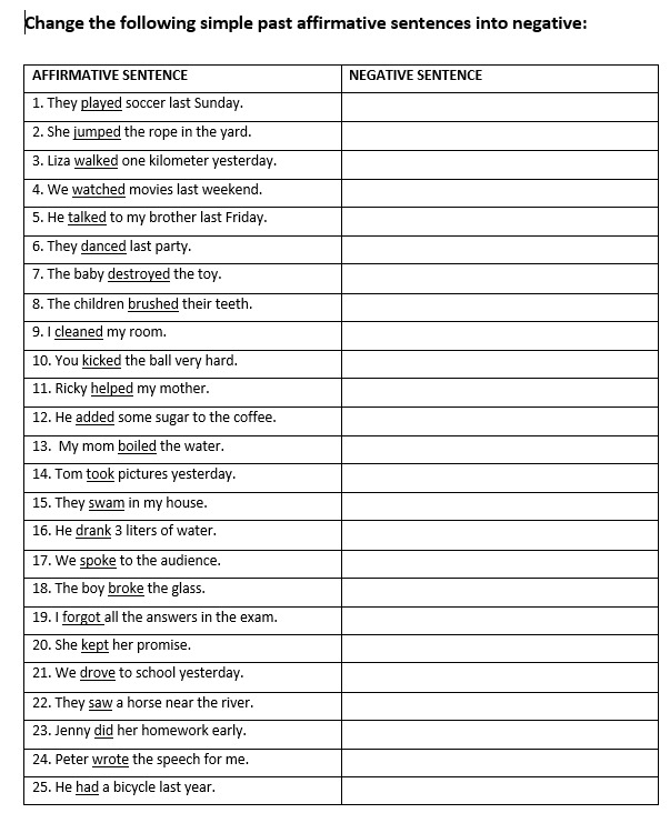 Change the following simple past affirmative sentences into negative: 
A 
1 
2. 
3. 
4. 
5 
6 
7. 
8 
9.
1
1
1
1
1
1
1
1
1
1
2
2
2
2
2
25. He had a bicycle last year.