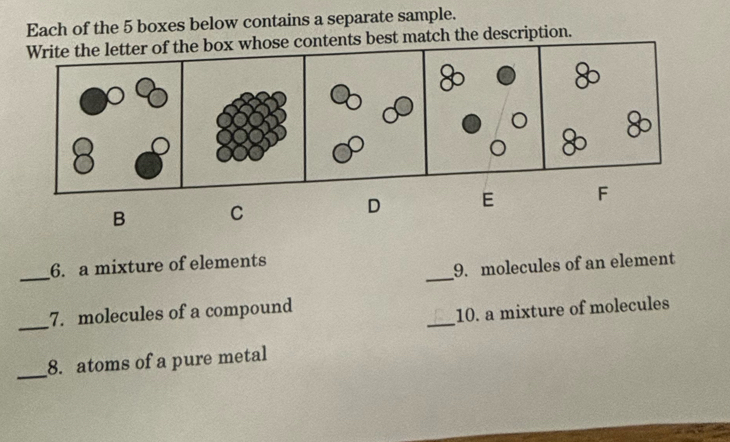 Each of the 5 boxes below contains a separate sample. 
Write the letter of the box whose contents best match the description. 
B C 
D E F 
_ 
_6. a mixture of elements 
9. molecules of an element 
_ 
_7. molecules of a compound 
10. a mixture of molecules 
_ 
8. atoms of a pure metal