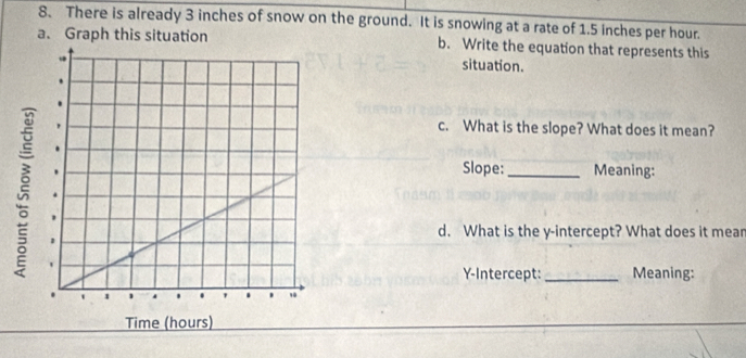 There is already 3 inches of snow on the ground. It is snowing at a rate of 1.5 inches per hour. 
a. Graph this situation b. Write the equation that represents this 
situation. 
c. What is the slope? What does it mean? 
Slope: _Meaning: 
d. What is the y-intercept? What does it mear 
Y-Intercept: _Meaning: