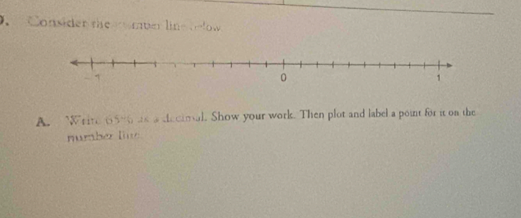 Consider the omber line oe low 
A. Write 65% as a decimal. Show your work. Then plot and label a point for it on the 
mumber lie