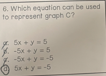 Which equation can be used
to represent graph C?
ar. 5x+y=5
b. -5x+y=5
C. -5x+y=-5
a 5x+y=-5