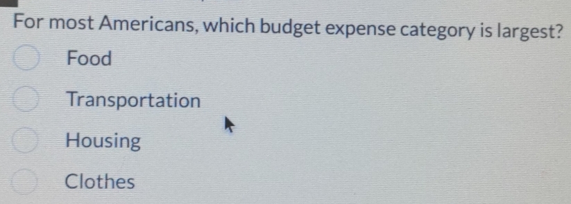 For most Americans, which budget expense category is largest?
Food
Transportation
Housing
Clothes