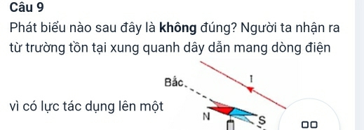 Phát biểu nào sau đây là không đúng? Người ta nhận ra 
từ trường tồn tại xung quanh dây dẫn mang dòng điện 
vì có lực tác dụng lên m 
□□