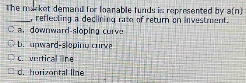 The market demand for loanable funds is represented by a(n)
_, reflecting a declining rate of return on investment.
a. downward-sloping curve
b. upward-sloping curve
c. vertical line
d. horizontal line