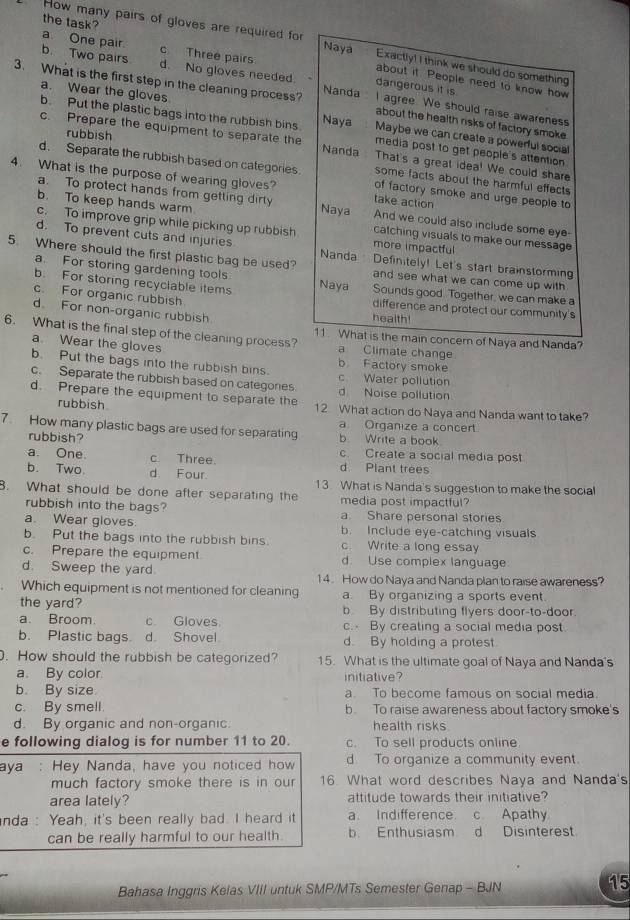 the task?
How many pairs of gloves are required for Naya Exactly! I think we should do something
a One pair. c Three pairs
b. Two pairs d. No gloves needed dangerous it is
about it. People need to know how
3. What is the first step in the cleaning process? Nanda I agree. We should raise awareness
a. Wear the gloves Maybe we can create a powerful social
about the health risks of factory smoke
b. Put the plastic bags into the rubbish bins Naya media post to get people's attention
rubbish
c. Prepare the equipment to separate the Nanda That's a great idea! We could share
d. Separate the rubbish based on categories. of factory smoke and urge people to
some facts about the harmful effects 
4. What is the purpose of wearing gloves? take action
b. To keep hands warm
a. To protect hands from getting dirty Naya And we could also include some eye-
c. To improve grip while picking up rubbish catching visuals to make our message
d. To prevent cuts and injuries Nanda
more impactful
5. Where should the first plastic bag be used? Definitely! Let's start brainstorming
a. For storing gardening tools
and see what we can come up with
b. For storing recyclable items Naya Sounds good. Together, we can make a
c. For organic rubbish difference and protect our community's
d. For non-organic rubbish health!
6. What is the final step of the cleaning process? 11. What is the main concern of Naya and Nanda?
a Wear the gloves
a Climate change
b Factory smoke
b. Put the bags into the rubbish bins. c Water pollution
c. Separate the rubbish based on categones d Noise pollution
d. Prepare the equipment to separate the 12 What action do Naya and Nanda want to take?
rubbish
7. How many plastic bags are used for separating b Write a book a Organize a concert
rubbish?
c. Create a social media post
a. One. c. Three. d Plant trees
b. Two. d Four. 13. What is Nanda's suggestion to make the social
8. What should be done after separating the media post impactful?
rubbish into the bags?
a. Wear gloves a. Share personal stories
b. Include eye-catching visuals
b. Put the bags into the rubbish bins. c. Write a long essay
c. Prepare the equipment d. Use complex language
d. Sweep the yard. 14. How do Naya and Nanda plan to raise awareness?
Which equipment is not mentioned for cleaning a. By organizing a sports event.
the yard? b By distributing flyers door-to-door.
a. Broom. c. Gloves. c. By creating a social media post.
b. Plastic bags. d. Shovel d. By holding a protest.
. How should the rubbish be categorized? 15. What is the ultimate goal of Naya and Nanda's
a. By color. initiative?
b. By size a. To become famous on social media
c. By smell. b To raise awareness about factory smoke's
d. By organic and non-organic. health risks.
e following dialog is for number 11 to 20. c. To sell products online
aya : Hey Nanda, have you noticed how d To organize a community event.
much factory smoke there is in our 16. What word describes Naya and Nanda's
area lately? attitude towards their initiative?
nda : Yeah, it's been really bad. I heard it a. Indifference. c Apathy
can be really harmful to our health. b. Enthusiasm d Disinterest
Bahasa Inggris Kelas VIII untuk SMP/MTs Semester Genap - BJN
15