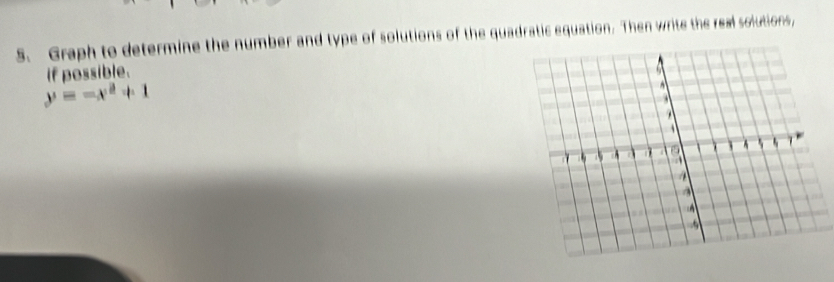 Graph to determine the number and type of solutions of the quadratic equation. Then write the real solutions, 
if possible.
y=-x^2+1