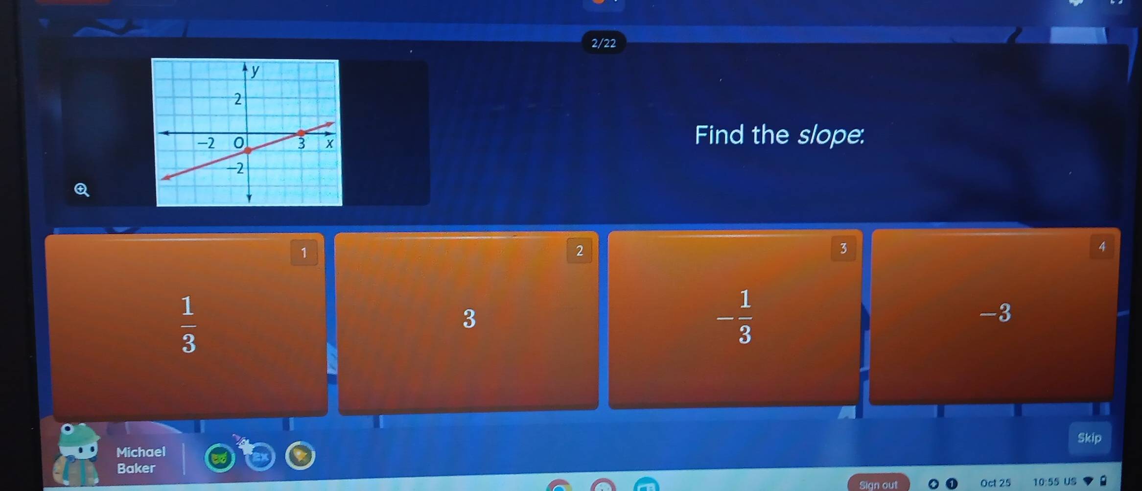 2/22
Find the slope:
Q
1
2
3
4
 1/3 
3
- 1/3 
-3
Skip
Michael
Baker
Sign out Oct 25 10:55 US