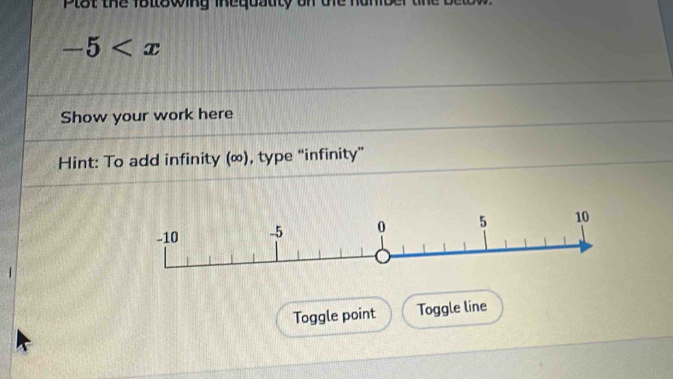 Plst thể 1otswing iheguatity un tể namo
-5
Show your work here 
Hint: To add infinity (∞), type “infinity” 
Toggle point Toggle line