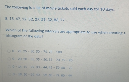 The following is a list of movie tickets sold each day for 10 days.
8, 15, 47, 12, 52, 27, 29, 32, 83, 77
Which of the following intervals are appropriate to use when creating a
histogram of the data?
0-25, 25-50, 50-75, 75-100
0-20, 20-35, 35-50, 55-70. 75-90
0-14,15-29, 30-44, 45-59, 60-75
0-19, 20-39, 40-59, 60-79, 80-99