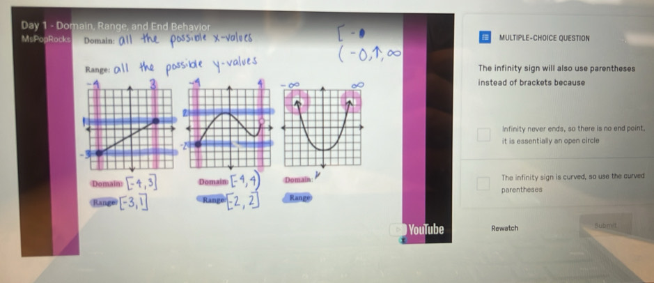 Day 1 - Domain, Range, and End Behavior 
: 
MsPopRocks Domain MULTIPLE-CHOICE QUESTION 
The infinity sign will also use parentheses 
instead of brackets because 
Infinity never ends, so there is no end point, 
it is essentially an open circle 
Domain Domain Domain The infinity sign is curved, so use the curved 
Range Rang Range parentheses 
YouTube Rewatch Submit