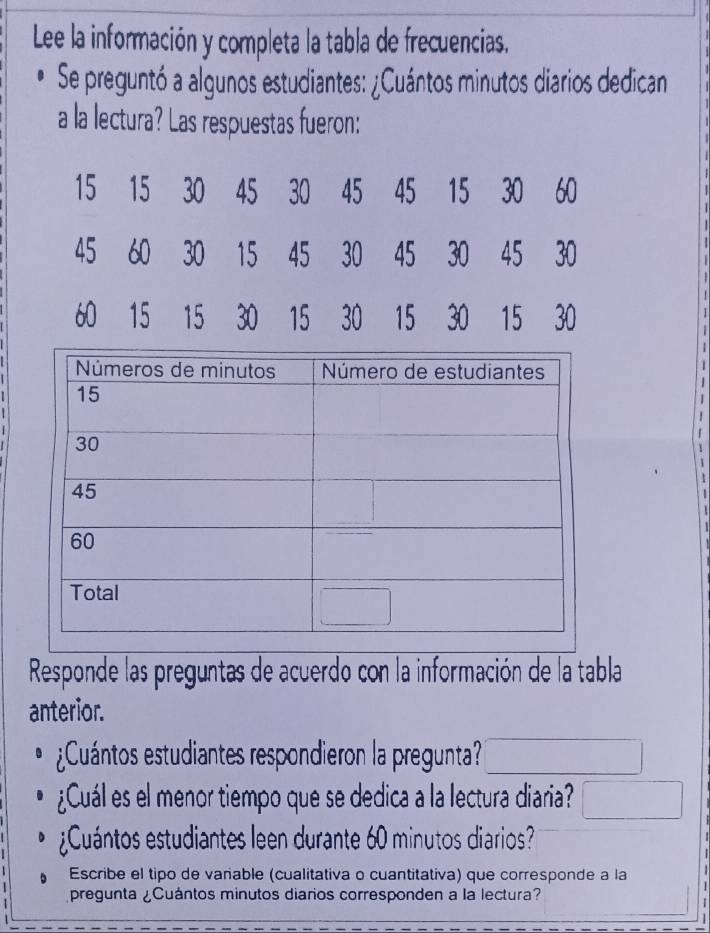 Lee la información y completa la tabla de frecuencias. 
Se preguntó a algunos estudiantes: ¿Cuántos minutos diarios dedican 
a la lectura? Las respuestas fueron:
15 15 30 45 30 45 45 15 30 60
45 60 30 15 45 30 45 30 45 30
60 15 15 30 15 30 15 30 15 30
Responde las preguntas de acuerdo con la información de la tabla 
anterior. 
¿Cuántos estudiantes respondieron la pregunta? 
¿Cuál es el menor tiempo que se dedica a la lectura diaria? 
¿Cuántos estudiantes leen durante 60 minutos diarios? 
Escribe el tipo de vañable (cualitativa o cuantitativa) que corresponde a la 
pregunta ¿Cuántos minutos diarios corresponden a la lectura?