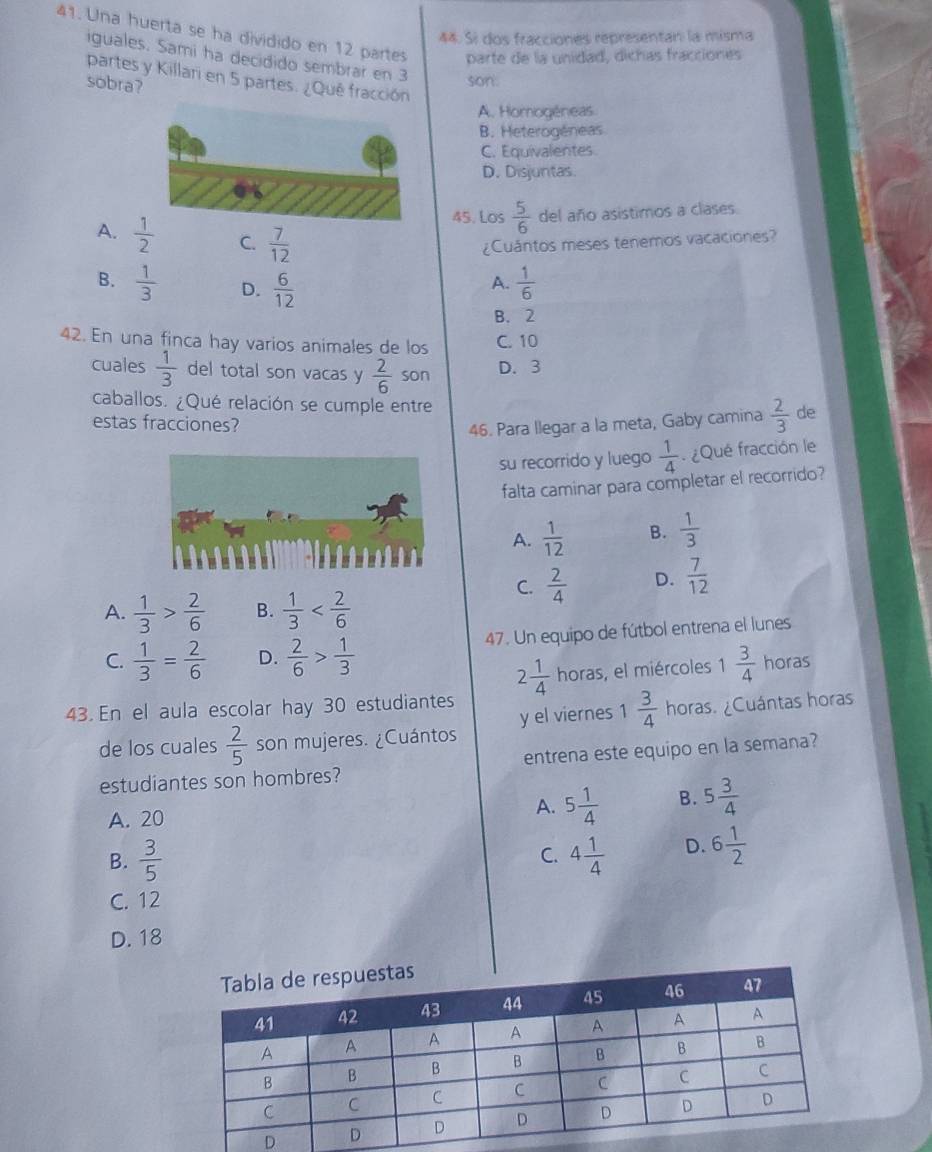 Si dos fracciones representan la misma
41. Una huerta se ha dividido en 12 partess parte de la unidad, dichas fracciones
iguales. Sami ha decidido sembrar en 3 son.
partes y Killari en 5 partes. ¿Qué fracción
sobra?
A. Homogéneas
B. Heterogéneas
C. Equivalentes
D. Disjuntas.
45. Los  5/6  del año asistimos a clases.
A.  1/2  C.  7/12  ¿Cuántos meses tenemos vacaciones?
B.  1/3  D.  6/12   1/6 
A.
B. 2
42. En una finca hay varios animales de los C. 10
cuales  1/3  del total son vacas y  2/6  son D. 3
caballos. ¿Qué relación se cumple entre
estas fracciones?
46. Para llegar a la meta, Gaby camina  2/3  de
su recorrido y luego  1/4  ¿Qué fracción le
falta caminar para completar el recorrido?
A.  1/12  B.  1/3 
C.  2/4  D.  7/12 
A.  1/3 > 2/6  B.  1/3 
C.  1/3 = 2/6  D.  2/6 > 1/3  47. Un equipo de fútbol entrena el lunes
2 1/4  horas, el miércoles 1 3/4  horas
y el viernes 1 3/4  horas. ¿Cuántas horas
43. En el aula escolar hay 30 estudiantes
de los cuales  2/5  son mujeres. ¿Cuántos
estudiantes son hombres? entrena este equipo en la semana?
A. 20
A. 5 1/4  B. 5 3/4 
B.  3/5  C. 4 1/4  D. 6 1/2 
C. 12
D. 18
D