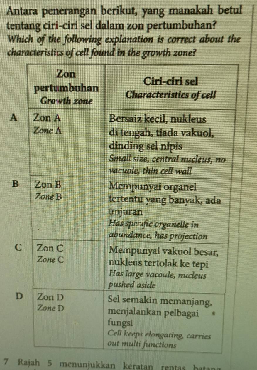 Antara penerangan berikut, yang manakah betul
tentang ciri-ciri sel dalam zon pertumbuhan?
Which of the following explanation is correct about the
cha
A
B
C
7 Rajah 5 menunjukkan keratan rentas batan