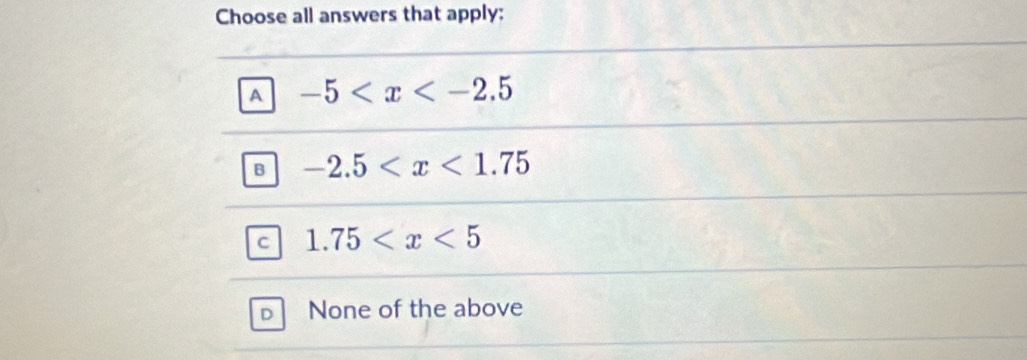 Choose all answers that apply:
A -5
B -2.5
C 1.75
D None of the above