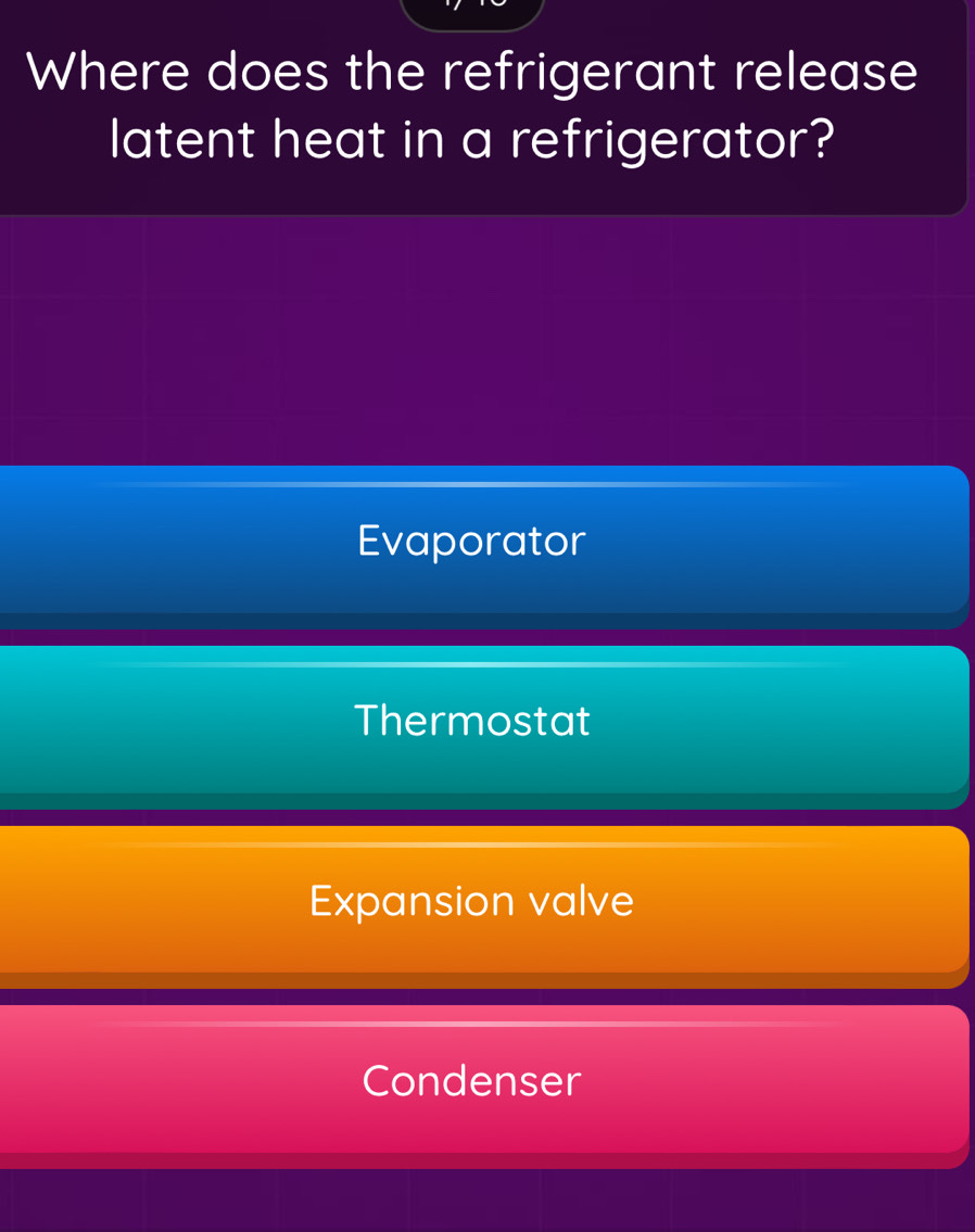 Where does the refrigerant release
latent heat in a refrigerator?
Evaporator
Thermostat
Expansion valve
Condenser