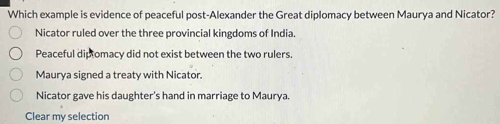 Which example is evidence of peaceful post-Alexander the Great diplomacy between Maurya and Nicator?
Nicator ruled over the three provincial kingdoms of India.
Peaceful diptomacy did not exist between the two rulers.
Maurya signed a treaty with Nicator.
Nicator gave his daughter’s hand in marriage to Maurya.
Clear my selection