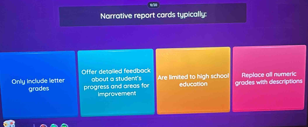 9/20 
Narrative report cards typically: 
Offer detailed feedback 
Only include letter about a student's Are limited to high school Replace all numeric 
grades progress and areas for education grades with descriptions 
improvement