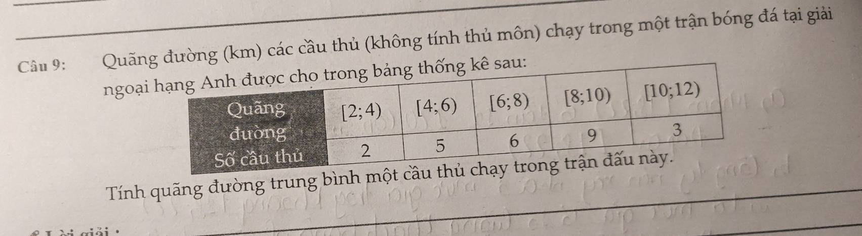 Quãng đường (km) các cầu thủ (không tính thủ môn) chạy trong một trận bóng đá tại giải
ngoại
Tính quãng đường trung bình một c