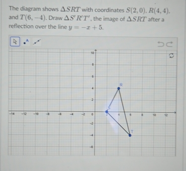 The diagram shows △ SRT with coordinates S(2,0), R(4,4). 
and T(6,-4). Draw △ S'R'T' , the image of △ SRT after a 
reflection over the line y=-x+5. 
A