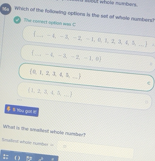 Solved: ons about whole numbers. 16a Which of the following options is ...
