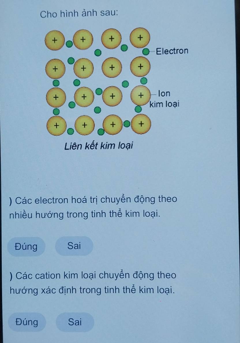 Cho hình ảnh sau:
) Các electron hoá trị chuyển động theo
nhiều hướng trong tinh thể kim loại.
Đúng Sai
) Các cation kim loại chuyển động theo
hướng xác định trong tinh thể kim loại.
Đúng Sai