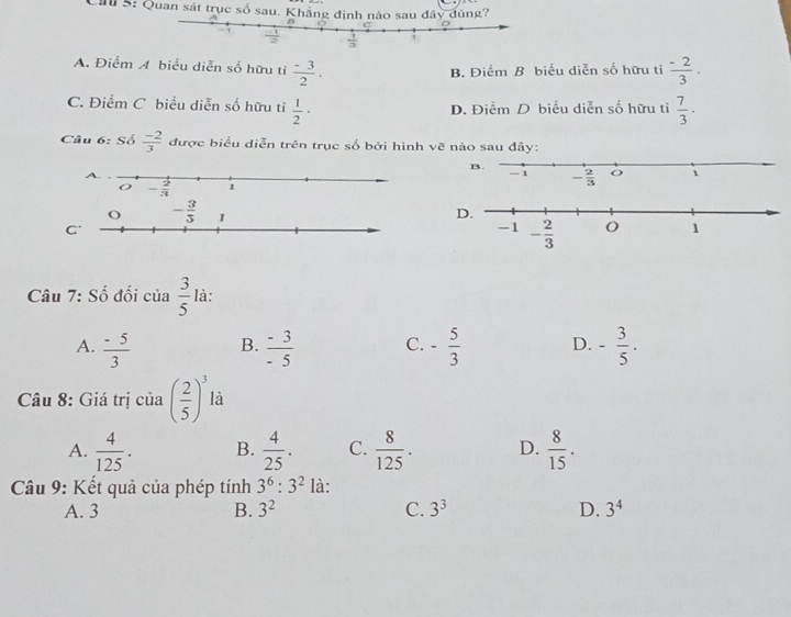 Cl 5: Quan sát trục số sau. Khẳng định nào sau đây đùng?
A. Điểm A biểu diễn số hữu tỉ  (-3)/2 .  (-2)/3 .
B. Điểm B biểu diễn số hữu tỉ
C. Điểm C biểu diễn số hữu ti  1/2 · D. Điểm D biểu diễn số hữu ti  7/3 ·
Câu 6: Số  (-2)/3  được biểu diễn trên trục số bởi hình vẽ
- 3/5 
C.
Câu 7: Số đối của  3/5  là:
A.  (-5)/3   (-3)/-5  C. - 5/3  D. - 3/5 .
B.
Câu 8: Giá trị của ( 2/5 )^3 là
A.  4/125 . B.  4/25 . C.  8/125 . D.  8/15 .
Câu 9: Kết quả của phép tính 3^6:3^2 là:
A. 3 B. 3^2 C. 3^3 D. 3^4