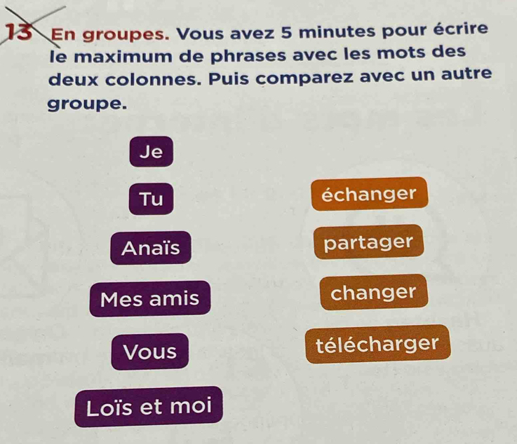 En groupes. Vous avez 5 minutes pour écrire
le maximum de phrases avec les mots des
deux colonnes. Puis comparez avec un autre
groupe.
Je
Tu échanger
Anaïs partager
Mes amis changer
Vous télécharger
Loïs et moi