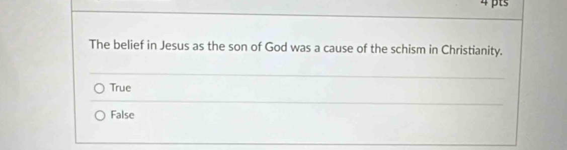 The belief in Jesus as the son of God was a cause of the schism in Christianity.
True
False