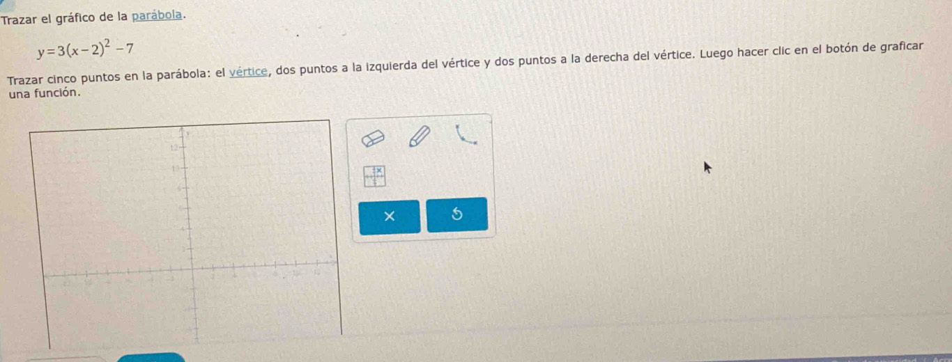 Trazar el gráfico de la parábola.
y=3(x-2)^2-7
Trazar cinco puntos en la parábola: el vértice, dos puntos a la izquierda del vértice y dos puntos a la derecha del vértice. Luego hacer clic en el botón de graficar 
una función. 
× 5